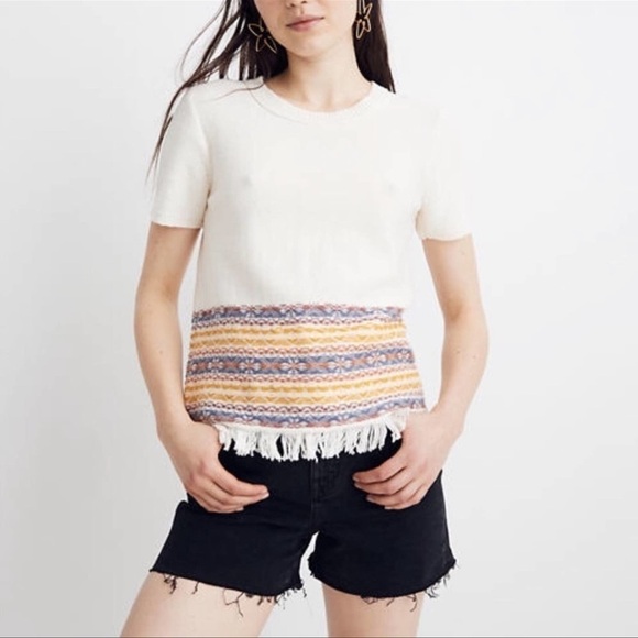 NWT MADEWELL Fringed Jacquard Sweater Tee Top XS - Picture 1 of 8